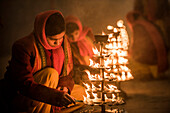 Ganga Aarti Hindu ceremony at Assi Ghat at dawn, Varanasi, Uttar Pradesh, India, Asia