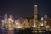 Hong Kong skyline at night showing the financial centre on Hong Kong Island with Bank of China Tower and Two International Finance Centre (2IFC), Hong Kong, China, Asia