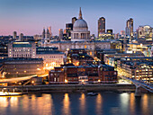 St. Paul's Cathedral and City of London skyline from Tate Switch at dusk, London, England, United Kingdom, Europe