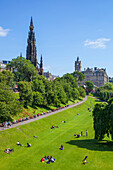 Princes Street Gardens, and the Gothic Scott Monument, Edinburgh city centre, Edinburgh, Midlothian, Scotland, United Kingdom, Europe
