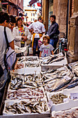 Fish shop, Via Drapperie, Bologna, Emilia-Romagna, Italy, Europe