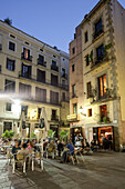 Plaza de Santa Maria street cafes in the evening La Ribera Barcelona