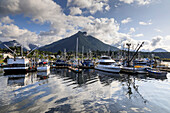 Fishing boats, harbour, beautiful mountains, clearing mists, Sitka, Baranof Island, Northern Panhandle, Southeast Alaska, United States of America, North America