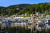 Commercial fishing boats, town and forest, beautiful sunny summer day, Ketchikan waterfront, Southern Panhandle, Alaska, United States of America, North America