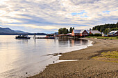 Icy Strait Point, near Hoonah, shore, cannery museum, dock and whale watch boat, summer, Chichagof Island, Alaska, United States of America, North America