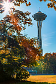 Space Needle from Seattle's International Fountain park in autumn, Seattle, Washington State, United States of America, North America