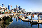 Seattle Skyline and restaurants on sunny day in Bell Harbor Marina, Seattle, Washington State, United States of America, North America