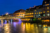 Ill canal at night, Strasbourg, Alsace, Bas-Rhin Department, France, Europe