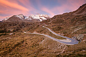 Road bends of Bernina Pass at dawn, Poschiavo Valley, Engadine, Canton of Graubunden, Switzerland, Europe