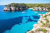 View of Cala Macarelleta and sailboats, Menorca, Balearic Islands, Spain, Mediterranean, Europe