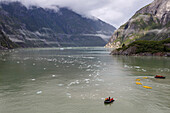Kayak expedition preparations, Tracy Arm Fjord, clearing mist, icebergs and cascades, near South Sawyer Glacier, Alaska, United States of America, North America