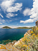 Panoramic of blue sea, Gulf of Procchio, Marciana, Elba Island, Livorno Province, Tuscany, Italy, Europe