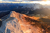 Aerial view of Roda Di Vael, Catinaccio Group (Rosengarten) and Latemar, Dolomites, South Tyrol, Italy, Europe