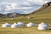Tourist ger camp and Khangai mountains, Burentogtokh district, Hovsgol province, Mongolia, Central Asia, Asia