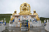Golden Buddhist statues above Amarbayasgalant Monastery, Mount Buren-Khaan, Baruunburen district, Selenge province, Mongolia, Central Asia, Asia