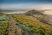 View from frosty Mam Tor of Hope Valley and Vale of Edale at sunrise, Castleton, Peak District National Park, Derbyshire, England, United Kingdom, Europe