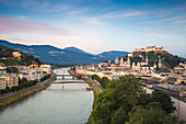View of Salzach River and Hohensalzburg Castle above The Old City, Salzburg, Austria, Europe