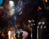Incense burning at a Hindu temple in New Delhi, India, Asia