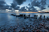 Old wooden piles going out to sea and pebbles on beach at dawn, Munkerup, Kattegat Coast, Zealand, Denmark, Scandinavia, Europe