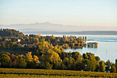 View of Lake Constance, in the back Swiss Alps with Säntis, Uhldingen-Mühlhofen, Lake Constance, Baden-Württemberg, Germany
