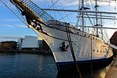 Museum ship Gorch Fock 1 in the harbor in front of Ozeaneum, Stralsund, Ostseeküste, Mecklenburg-Western Pomerania Germany