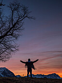 Ein Mann steht zur blauen Stunde mit ausgebreiteten Armen auf einer Anhöhe neben einem Baum und blickt Richtung Karwendel- und Wettersteingebirge, Eschenlohe, Oberbayern, Deutschland
