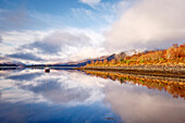 The still waters of Loch Leven near Ballachulish on a winter's morning, Glencoe, Highlands, Scotland, United Kingdom, Europe