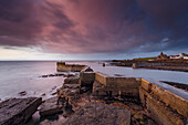 The Blocks (the ZigZag), breakwater at dawn at the harbour of St. Monans in Fife, East Neuk, Scotland, United Kingdom, Europe