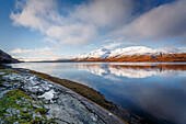 Wintery scene of Loch Linnhe, near Fort William, in calm weather with reflections, Highlands, Scotland, United Kingdom, Europe