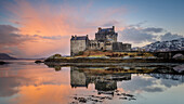 Dawn at Eilean Donan Castle (Eilean Donnan) on Loch Duich, Dornie, Kyle of Lochalsh, Scottish Highlands, United Kingdom, Europe