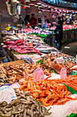 Fish stalls at Boqueria market, La Rambla, Barcelona, Catalonia, Spain, Europe