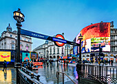 Entrance to tube station, advertisement, Piccadilly Circus, London, England, United Kingdom, Europe