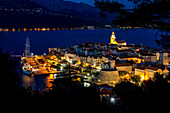 View from a lookout over Korcula Town at dusk, Korcula, Croatia, Europe