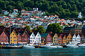 Historic Hanseatic buildings on wharf by Vagen harbour, Bryggen (Tyskebryggen), UNESCO World Heritage Site, Bergen, Hordaland, Norway, Scandinavia, Europe