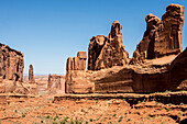 Sandstone towers along Park Avenue canyon, Arches National Park, Moab, Utah, United States of America, North America