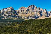 From left, peaks of Corona de Mallo, Parad  2764m and Telera on right, seen from Panticosa, Upper Tena Valley, Pyrenees, Huesca, Spain, Europe