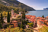 Panoramic view of Lake Garda, Chiesa di S. Andrea and the port of Torbole, Lake Garda, Province of Trento, Italian Lakes, Italy, Europe