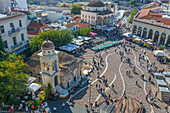 Elevated view of taxis, shoppers and Greek Orthodox Church in Monastiraki Square, Monastiraki District, Athens, Greece, Europe
