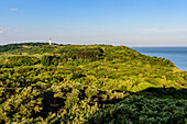 Blick vom Schluckwiek auf Leuchtturm Dornbusch, Hiddensee, Rügen, Ostseeküste, Mecklenburg-Vorpommern, Deutschland