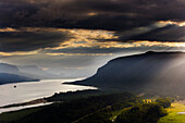 Elevated scenic view of the Columbia River Gorge at sunrise. Oregon.