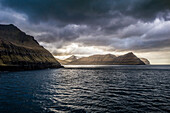 Landscape in the Faroe fjords from the ship going towards Iceland, Faroe Islands, Denmark