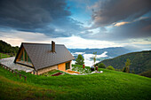 Mountain hut near Tolmin with landscape of valley, Triglav, Slovenia