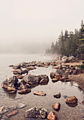 A foggy day on Jordan Pond in Maine's Acadia National Park.