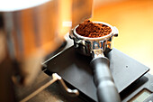 Close up of ground coffee, San Francisco, USA