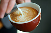 Close up of barista pouring milk into cappuccino, Oakland, California, USA