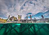 Female free diver sitting on pier, Komodo, Nusa Tenggara Timur, Indonesia