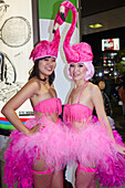 Japanese girls dressed as flamingos at the Halloween celebrations in Shibuya, Tokyo, Japan, Asia