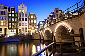 View of tall 18th century buildings on a canal in Amsterdam, Holland, Netherlands, Europe