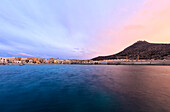 Harbor at sunset, Favignana island, Aegadian Islands, province of Trapani, Sicily, Italy, Mediterranean, Europe