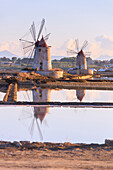 Windmills and salt flats at dawn, Saline dello Stagnone, Marsala, province of Trapani, Sicily, Italy, Mediterranean, Europe